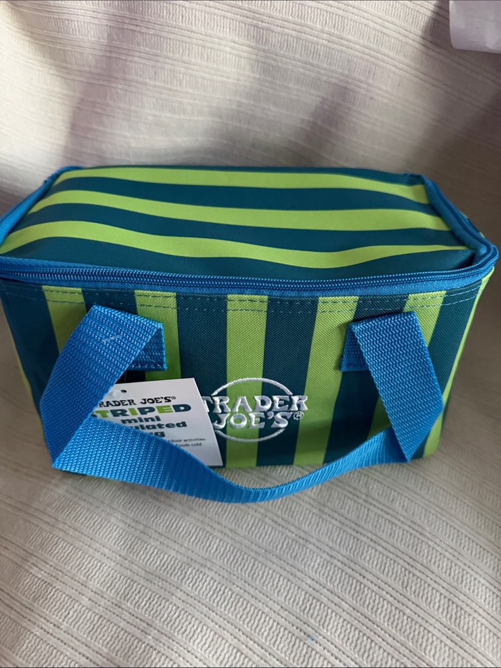 NWT! Trader Joe's Striped Mini Insulated Bag - Blue & Lime Green